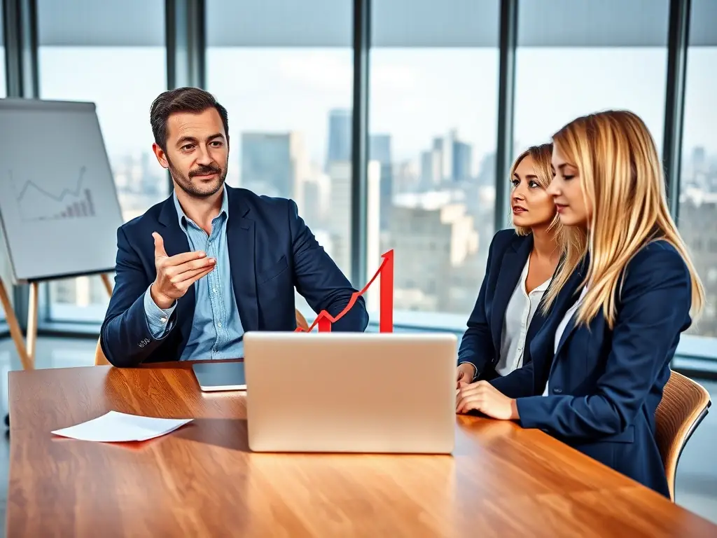 A professional business coach in a modern office setting, reviewing financial reports with a client, both smiling confidently.