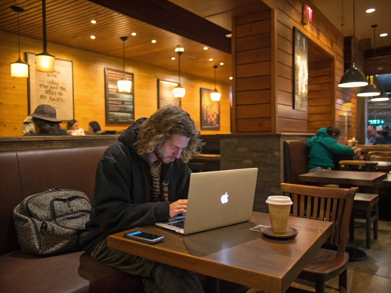 An entrepreneur working on a laptop in a cozy cafe, looking inspired and motivated, with a cup of coffee nearby.