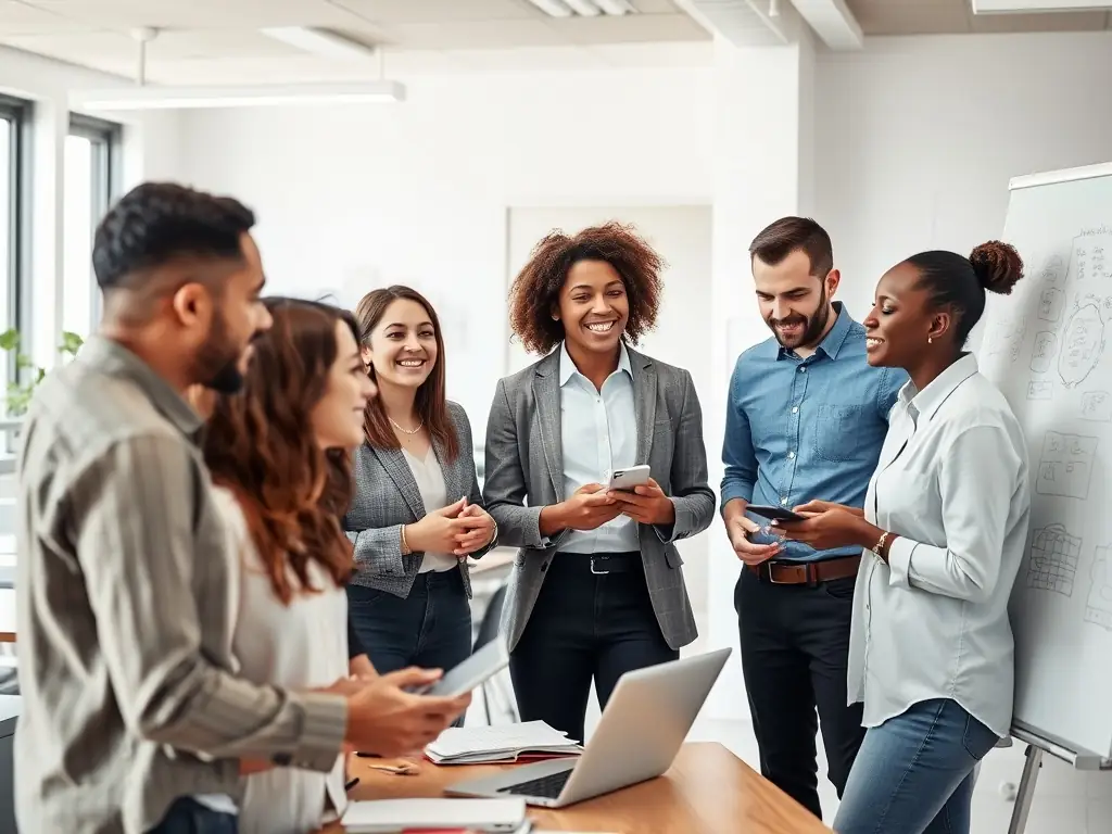 A team of diverse professionals collaborating in a bright, modern office, brainstorming ideas on a whiteboard.
